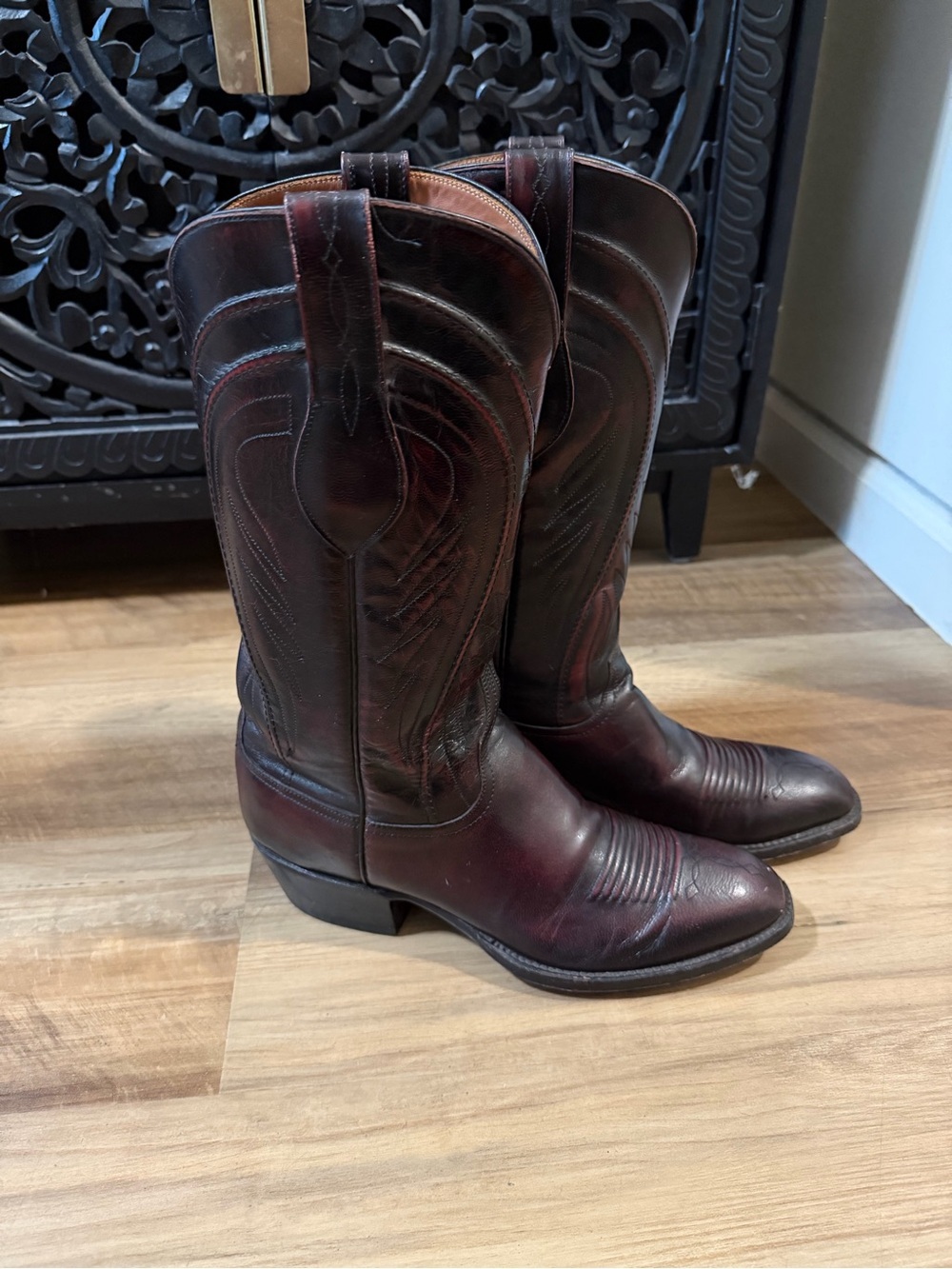Vintage Lucchese Gavin Black Cherry Goatskin Western Cowboy Boots 9D handmade - Picture 8 of 16